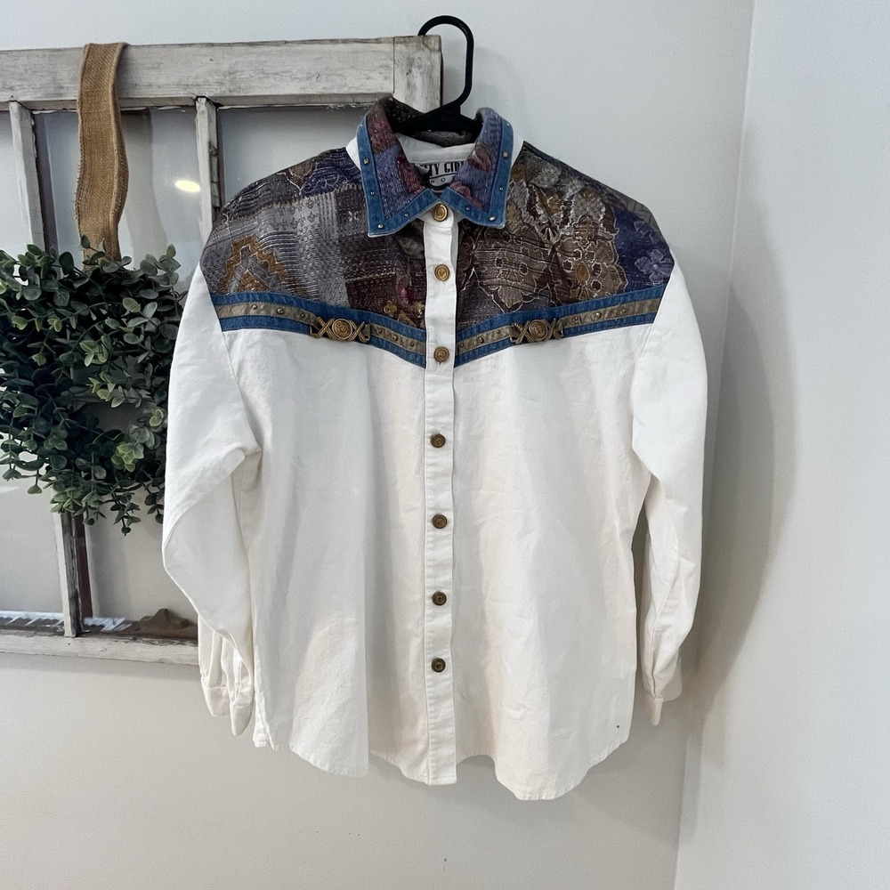 Vtg 80s 90s Floral Western Power Shoulders Patchwork Concho Buttons Size 10